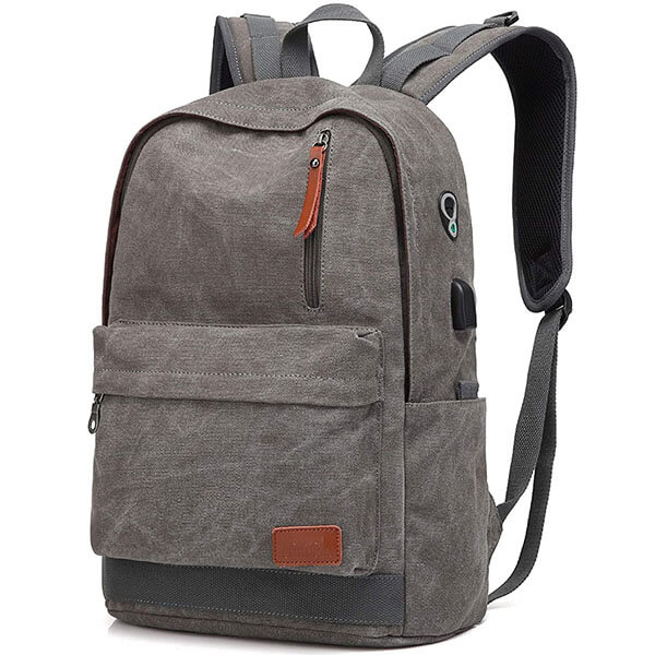 Waterproof Gray Canvas College USB Backpack